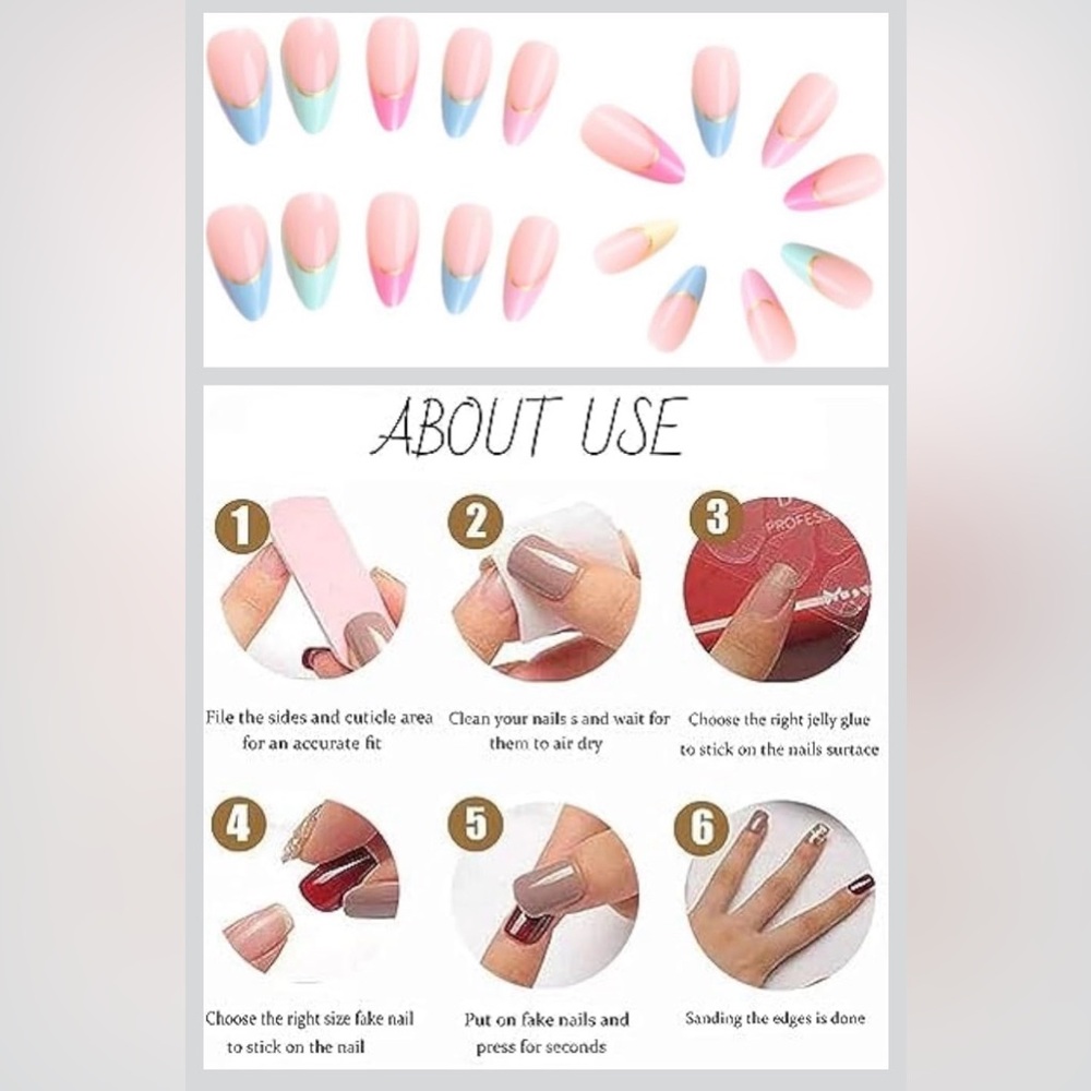 Neon French Tips & Flowers Pink, Yellow, Blue, Orange Squoval Nails, New - Picture 5 of 9
